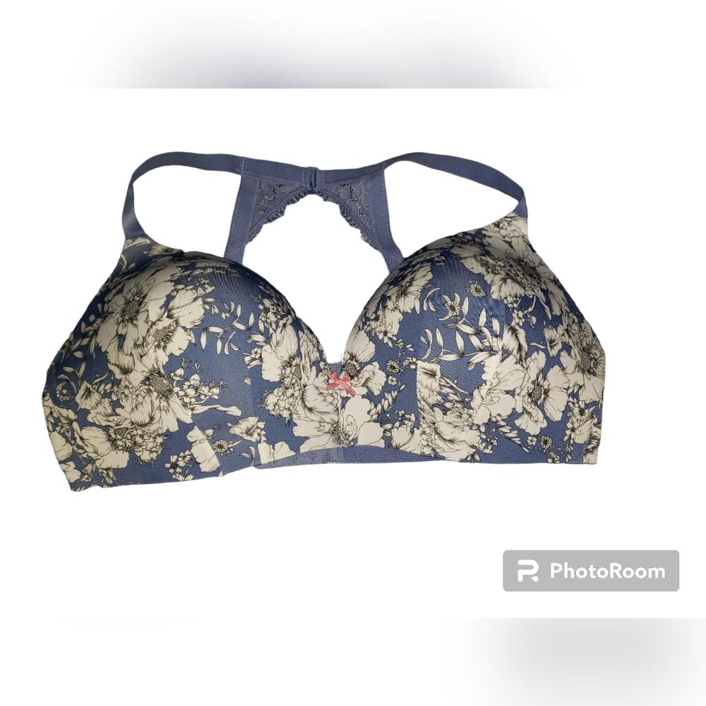 CACIQUE UPLIFT PLUNGE SIMPLY WIREFREE BLUE FLORAL T-SHIRT BRA 44D